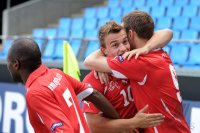 Fussball U21-Europameisterschaft 2011: JUBEL nach dem Tor zum 1:0, Innocent Emeghara, Xherdan Shaqiri umarmt den Torschuetzen Fabian Frei (v. li., Schweiz)