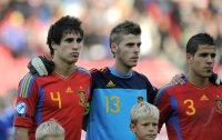 Fussball U21-Europameisterschaft 2011:  Javi Martinez , Torwart David de Gea , Alvaro Dominguez (v. li., Spanien)