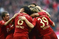 Fussball 1. Bundesliga, Saison 2012/2013:  Philipp Lahm , Javi , Javier Martinez, Toni Kroos (v. li., FC Bayern Muenchen)