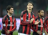 FUSSBALL SERIE A:  Pato, Zlatan Ibrahimovic, Robinho (v. li., AC Mailand)