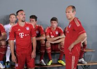 Fussball 1. Bundesliga 2010/2011: Franck Ribery , Thomas Mueller , Arjen Robben (v. li., FC Bayern Muenchen)