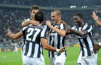 FUSSBALL SERIE A:  Jubel mit Vucinic Mirko, Quagliarella Fabio, Leonardo Bonucci und Asamoah Kwadwo  (v. li., Juventus Turin)