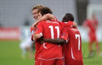 Fussball U21-Europameisterschaft 2011:  Jubel Fabian Lustenberger , Admir Mehmedi , Innocent Emeghara (v. li., Schweiz)