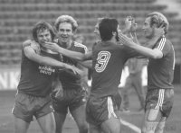 Fussball Bayern-Bochum: Horsmann, Rummenigge, Mueller, Hoeness