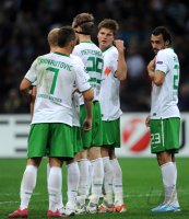 Fussball Champions League  Saison 2010/2011: Marko Arnautovic, Per Mertesacker, Sebastian Proedl, Hugo Almeida (v. li., SV Werder Bremen)