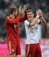 Fussball 1. Bundesliga, Saison 2012/2013:  Thomas Mueller, Bastian Schweinsteiger (v. li., FC Bayern Muenchen)