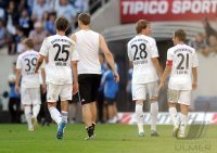 Fussball 1. Bundesliga : Thomas Mueller, Torwart Manuel Neuer, Holger Badstuber, Philipp Lahm (v. li., FC Bayern Muenchen)