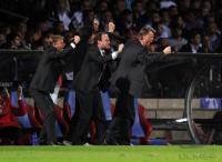 FUSSBALL  International CHL 09/10: JUBEL Co Trainer Andries Jonker, Sportdirektor Christian Nerlinger, Trainer Louis van Gaal (v.li., FCB)