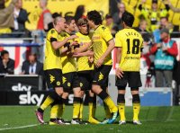 Fussball 1. Bundesliga :  Kevin Grosskreutz, Robert Lewandowski, Marcel Schmelzer, Mats Julian Hummels, Lucas Barrios (v. li., Borussia Dortmund)