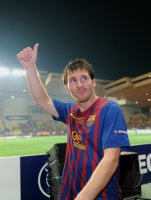 Fussball UEFA SUPER CUP 2011: JUBEL Lionel Messi (Barca)