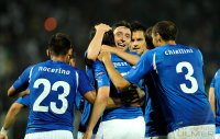 Fussball International EM 2012-Qualifikation:  Jubel Antonio Nocerino, Giampaolo Pazzini , Riccardo Montolivo , Giorgio Chiellini (v. li., Italien)