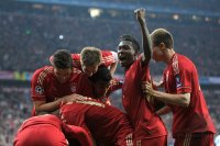 FUSSBALL INTERNATIONAL  CHL HALBFFINALE 11/12:  Mario Gomez, Philipp Lahm, Jerome Boateng, David Alaba (v. li., FC Bayern Muenchen)