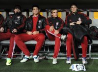 Fussball DFB Pokal 11/12 :  Franck Ribery , Mario Gomez, Philipp Lahm , Torwart Manuel Neuer (v. li., FC Bayern Muenchen)