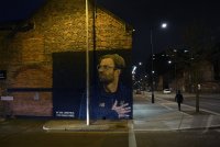 Fussball CHL 18/19 Achtelfinale: Trainer Klopp (FC Liverpool) als Wandmalerei