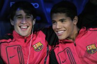 FUSSBALL International Primera Division 10/11:  Bojan (Barca) und J. Dos Santos (Barca)