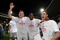 FUSSBALL  International CHL 09/10: JUBEL Ivica Olic, David Alaba, Diego Contento (v. li., FCB)