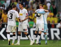 Fussball 1. Bundesliga: Filip Daems, Martin Stranzl, Roel Brouwers, Marc Andre ter Stegen (v. li., Borussia Moenchengladbach)