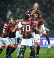 FUSSBALL SERIE A:  JUBEL Robinho, Zlatan Ibrahimovic, Mark Van Bommel, Ignazio Abate (v. li., AC Mailand)