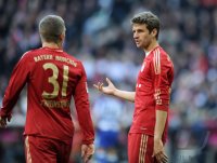 Fussball 1. Bundesliga, Saison 2011/2012:  Bastian Schweinsteiger , Thomas Mueller (v. li., FC Bayern Muenchen)