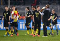 Fussball 1. Bundesliga :  Neven Subotic, Ivan Perisic, Kevin Grosskreutz, Trainer Juergen Klopp (v. li., Borussia Dortmund)