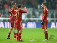 Fussball 1. Bundesliga, Saison 2012/2013:  Thomas Mueller , Philipp Lahm und Toni Kroos (v. li., FC Bayern Muenchen)