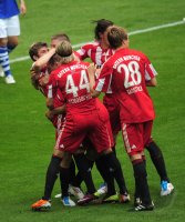 Fussball 1. Bundesliga : JUBEL Thomas Mueller,  Anatoliy Tymoshchuk , Holger Badstuber, Daniel van Buyten (v.li., FC Bayern Muenchen)