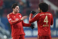 Fussball 1. Bundesliga, Saison 2012/2013:  Jubel  Mario Gomez und Dante (v. li., FC Bayern Muenchen)