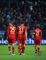 Fussball 1. Bundesliga :  Thomas Mueller, Mario Gomez, Philipp Lahm (v. li., FC Bayern Muenchen)
