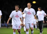 FUSSBALL  International CHL 09/10: JUBEL Philipp Lahm, Arjen Robben (v.li., FCB)
