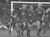 Fussball Bayern-Nuernberg: Breitner, Rummenigge, Duernberger, Hoeness