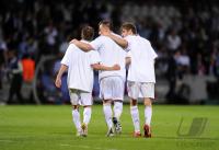 FUSSBALL  International CHL 09/10: JUBEL Philipp Lahm,Ivica Olic, Thomas Mueller (v.li., FCB)