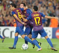 Fussball Champions League  Saison 2011/2012:  Xavi Hernandez, Lionel Messi, Pedro Rodriguez  (v. li., Barca)