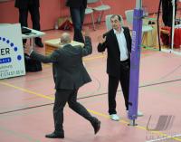 Volleyball 1. Bundesliga  08/09  Mueller - Angstenberger (TV R) - Moculescu  (VfB Friedrichshafen)