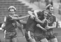 Fussball Bayern-Bochum: Horsmann, Rummenigge, Mueller, Hoeness