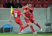 Fussball U21-EURO 2011 Halbfinale:  JUBEL nach dem TOR zum 1:0 mit Mario Gavranovic , Admir Mehmedi , Gaetano Berardi (v. li., Schweiz)