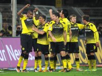 Fussball 1. Bundesliga, Saison 2011/2012: JUBEL mit Felipe Santana , Moritz Leitner , Robert Lewandowski, Jakub  KUBA Blaszczykowski (v. li., Borussia Dortmund)