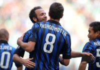 FUSSBALL SERIE A:  Jubel mit Matias Zarate Mauro , Thiago Motta (v. li., Inter Mailand)