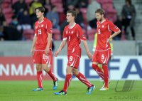 Fussball U21-EURO 2011 Halbfinale:  ENTTAEUSCHUNG bei Timm Klose, Fabian Frei , Jonathan Rossini (v.li., Schweiz)