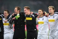 Fussball 1. Bundesliga, Saison 2011/2012:  Patrick Herrmann , Stadionsprecher Torsten Knippertz , Torwart Marc Andre ter Stegen, Tony Jantschke  (v. li., Borussia Moenchengladbach)