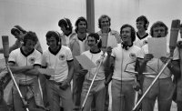 Fussball Mueller, Hoeness, Beckenbauer, Maier bei Plattenaufnahmen.