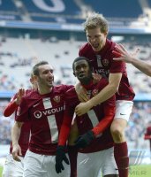 Fussball 2. Bundesliga:  Jubel mit Idir Ouali, Cheikh Gueye, Florian Jungwirth  (v.li., Dynamo Dresden)