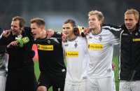 Fussball 1. Bundesliga, Saison 2011/2012:  Stadionsprecher Torsten Knippertz , Torwart Marc Andre ter Stegen, Tony Jantschke, Mike Hanke (v. li., Borussia Moenchengladbach)