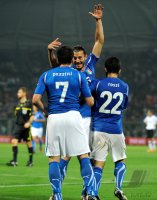 Fussball International EM 2012-Qualifikation:  Giampaolo Pazzini , Federico Balzaretti , Giuseppe Rossi (v. li., Italien)
