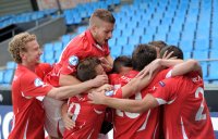 Fussball U21-Europameisterschaft 2011:  JUBEL nach dem Tor zum 1:0, Fabian Lustenberger , Nassim Ben Khalifa , Xherdan Shaqiri , Philippe Koch (v. li., Schweiz)