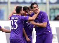 FUSSBALL SERIE A:   Jubel mit Pasqual Manuel Aquilani Alberto, Luca Toni (v. li. AC Florenz)