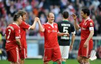Fussball 1. Bundesliga : Franck Ribery, Thomas Mueller, Arjen Robben, Mark van Bommel (v.li., FCB)