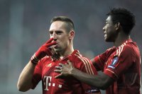 Fussball CHL  Saison 2011/2012:  Jubel nach dem Tor zum 3:1 Franck Ribery (FC Bayern Muenchen)