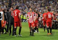 Fussball Champions League Finale: Trainer Louis van Gaal, Daniel van Buyten, Thomas Mueller (v. li., FCB)
