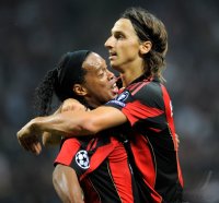 Fussball Champions League  Saison 2010/2011:  Ronaldinho, Zlatan Ibrahimovic (v. li., AC Mailand) , ENTT&acirc;&not;USCHT, ENTTAEUSCHT, ENTTAEUSCHUNG, ENTT&acirc;&not;USCHUNG, FRUST, FR