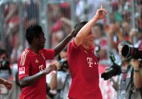 Fussball 1. Bundesliga, Saison 2011/2012:  JUBEL nach dem Tor David Alaba, Ivica Olic (v. li., FC Bayern Muenchen)